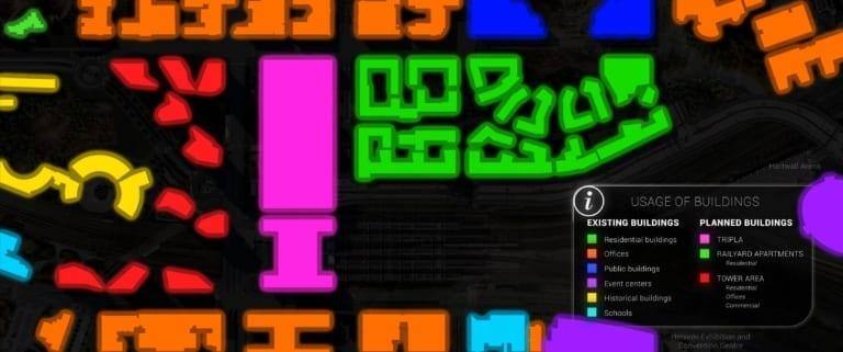 Rakennuksia värikoodattuna.