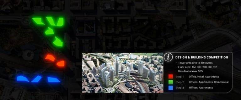 Rakennuksen merkittynä vihreällä, punaisella ja sinisellä.