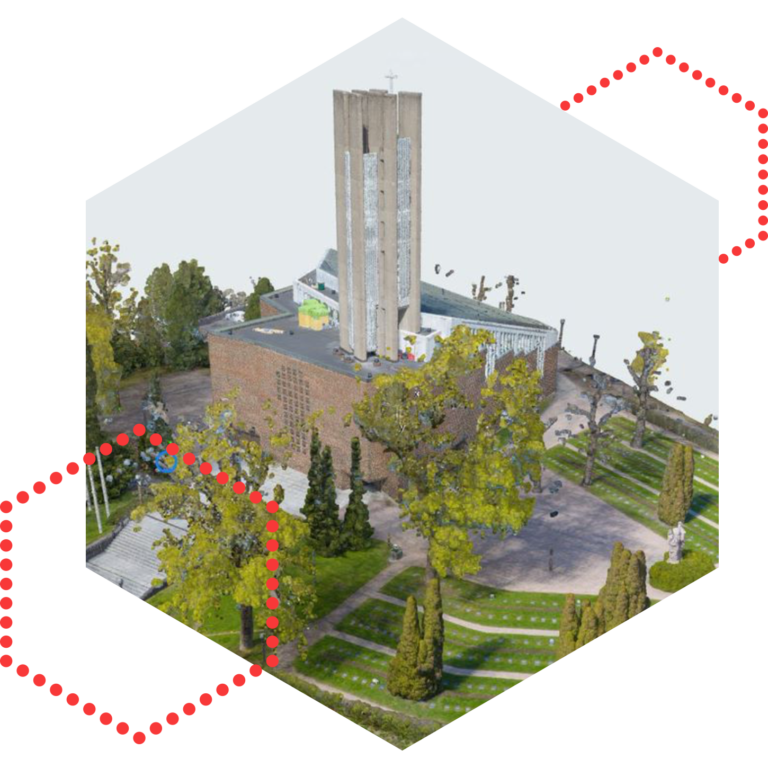 Mallinnettu rakennus, jonka ympärillä vihreää puistikkoa.